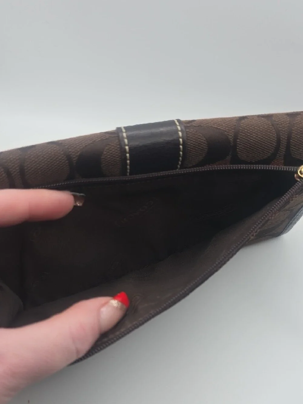 Coach Dark Brown Signature Mono Stitched Black Trim Long Snap Wallet (EUC)🖤